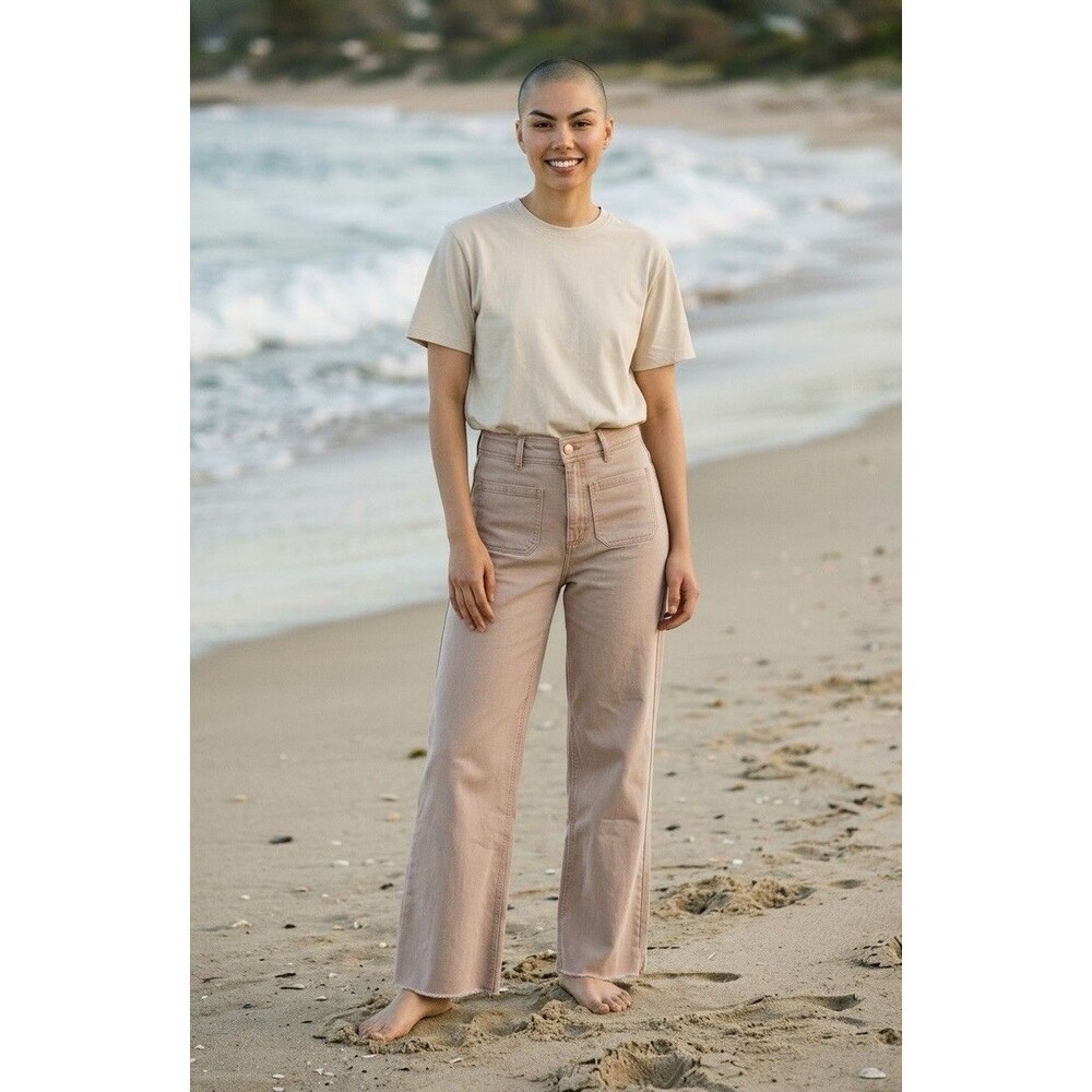 Oat new york NEW women pale pink wide leg jeans raw hem patch pockets sz 6/28